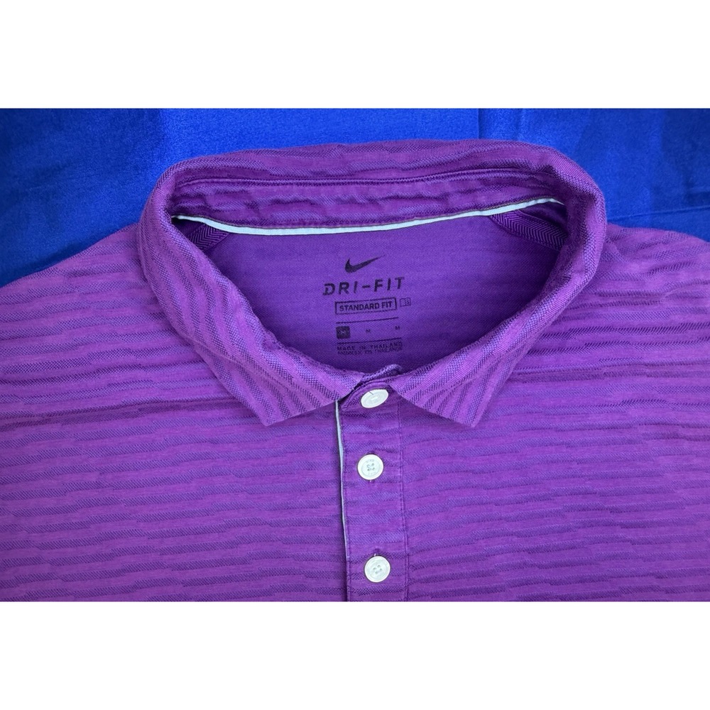 Nike Metal Logo Purple Dri Fit Golf Polo Stripe Short Sleeve Shirt Men's Medium